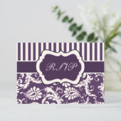 Purple, Cream, and Pink Stripe Damask Reply Card (Standing Front)