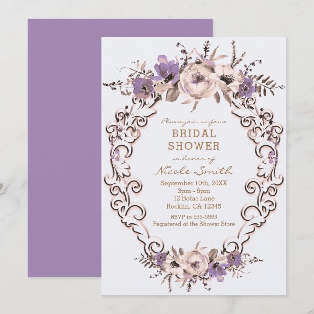 Purple Cream Botanical Floral Bridal Shower Invitation (Front/Back)