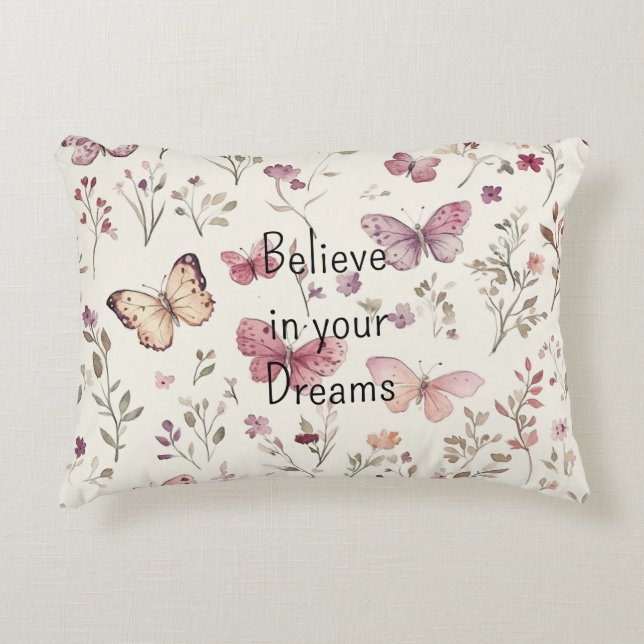 Purple Cream Butterflies Floral Believe Dreams Accent Pillow (Front)