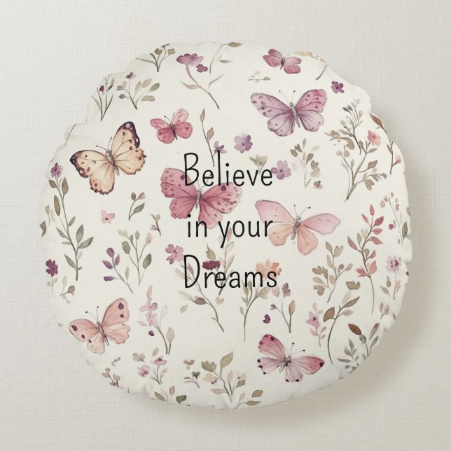 Purple Cream Butterflies Floral Believe Dreams Round Pillow (Front)
