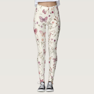 Purple Cream Butterflies Floral Leggings