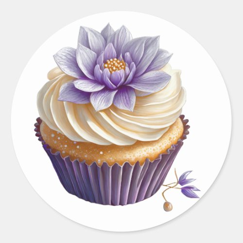 Purple cream cupcake with flower birthday  classic round sticker
