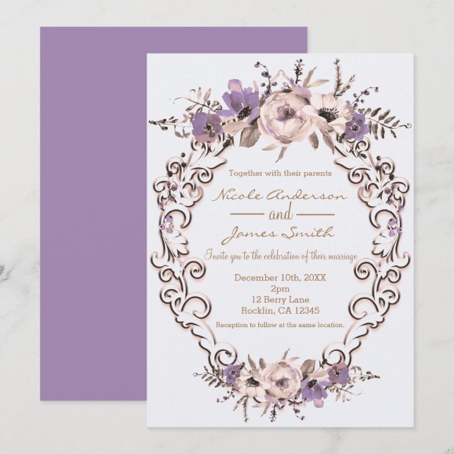 Purple Cream Elegant Botanical Floral Wedding Invitation (Front/Back)