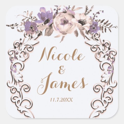Purple Cream Elegant Botanical Floral Wedding Square Sticker