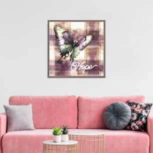 Purple Cream Green Plaid Stripes Butterfly Hope Canvas Print