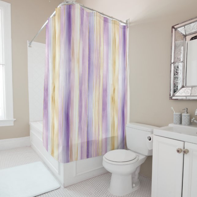 Purple Cream Iris Stripes   Shower Curtain (In Situ)
