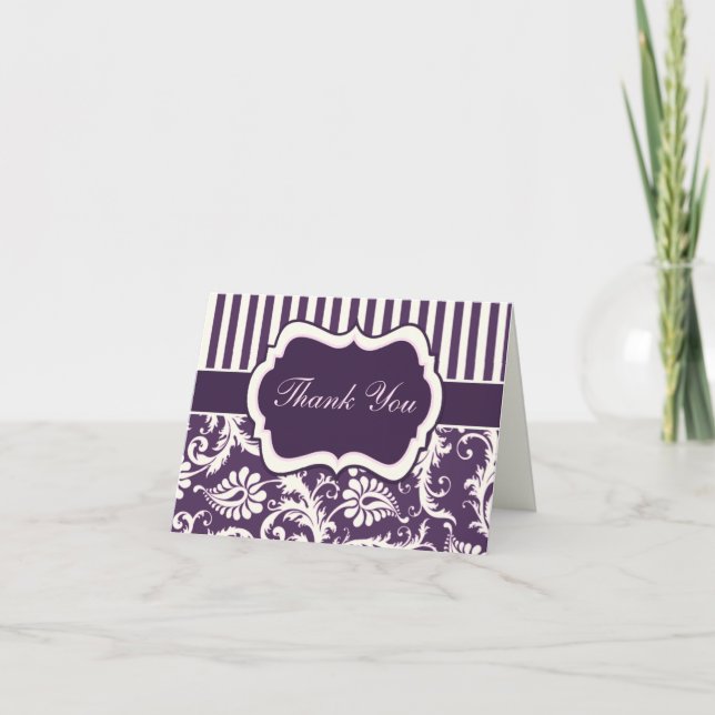 Purple, Cream, Pink Stripe Damask Thank You Card (Front)
