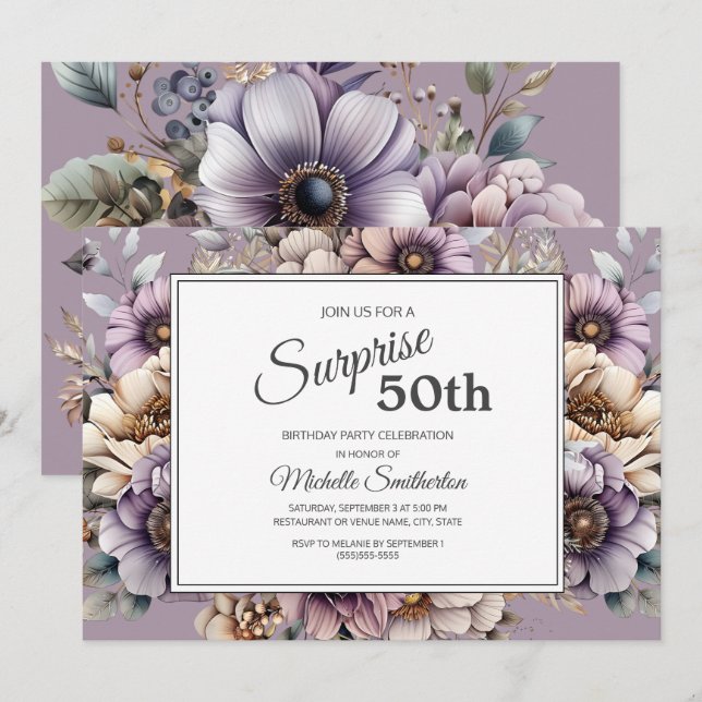 Purple Cream Taupe Floral Surprse 50th Birthday Invitation (Front/Back)