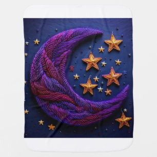 Purple Crescent Moon And Gold Stars Made Of Yarn Baby Blanket