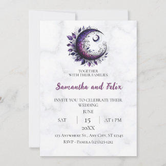 Purple Crescent Moon Botanical Witchcraft Marble Invitation