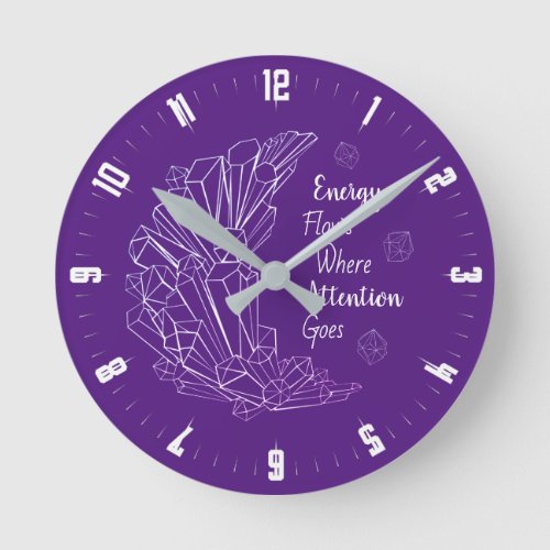 Purple crescent moon positive energy crystal quote round clock