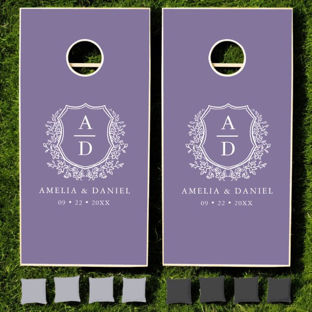 Purple Crest Botanical Monogram Wedding  Cornhole Set (Creator Uploaded)