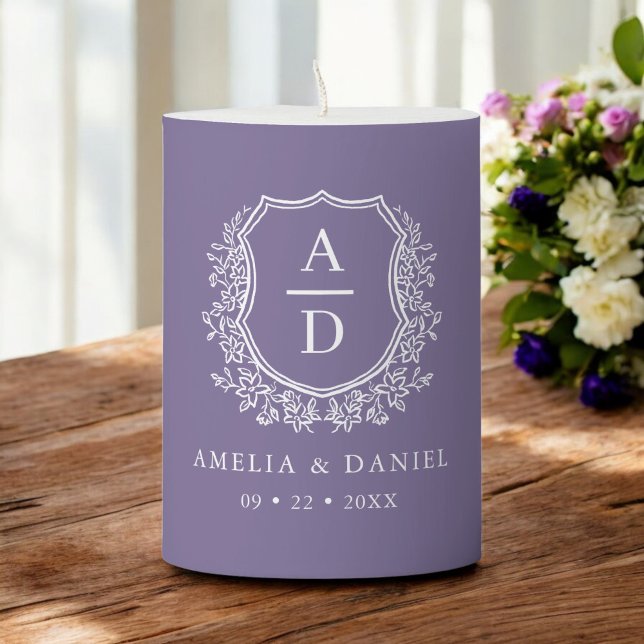 Purple Crest Botanical Monogram Wedding Pillar Candle (Creator Uploaded)