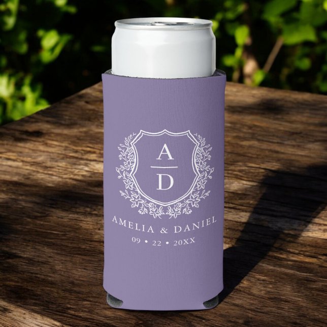 Purple Crest Botanical Monogram Wedding  Seltzer Can Cooler (Creator Uploaded)