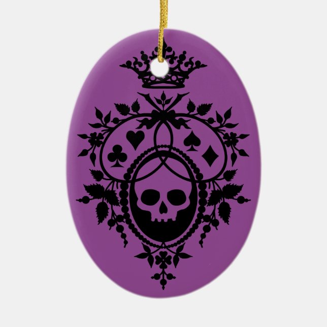 Purple Crest with Skull and Cardsuits Ceramic Ornament (Front)
