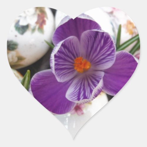 Purple Crocus and Floral Easter Eggs Heart Sticker