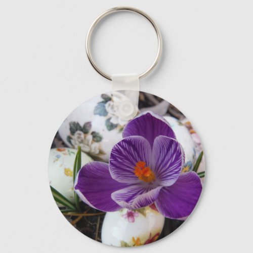 Purple Crocus and Floral Easter Eggs Keychain