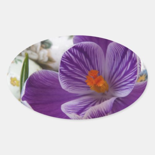 Purple Crocus and Floral Easter Eggs Oval Sticker