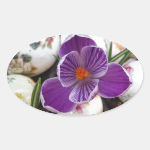 Purple Crocus and Floral Easter Eggs Oval Sticker