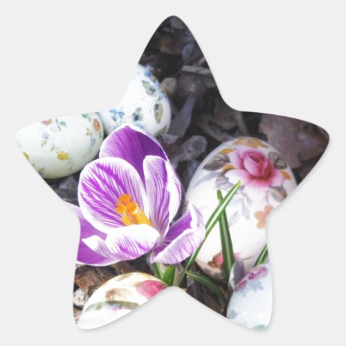 Purple Crocus and Floral Easter Eggs Star Sticker