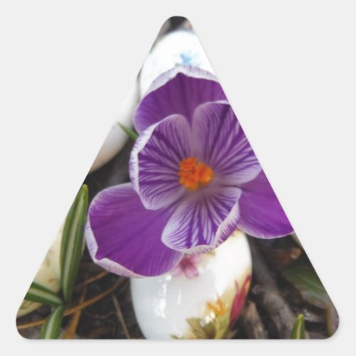 Purple Crocus and Floral Easter Eggs Triangle Sticker