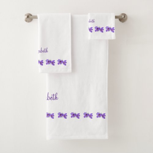 Purple Crocus Floral Photo on White Purple Name Bath Towel Set