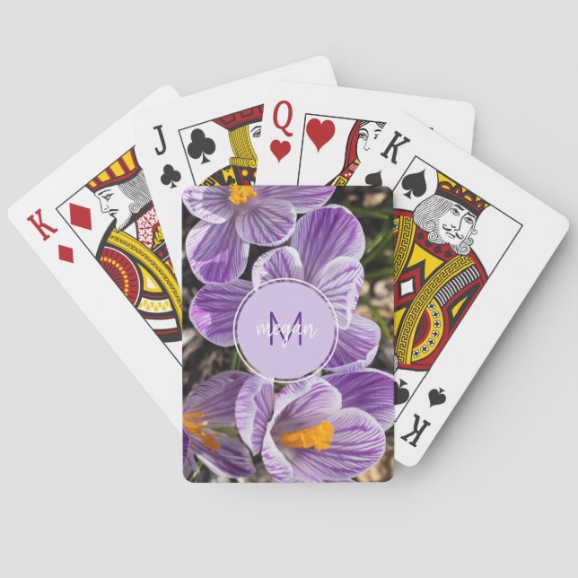 Purple Crocus Floral Photograph Monogram Poker Cards (Back)