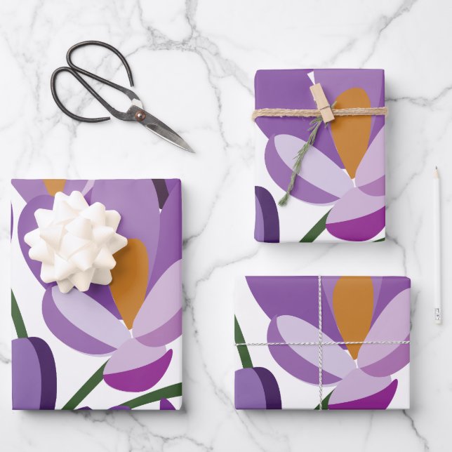 Purple Crocus Floral Wrapping Paper Sheets (Front)