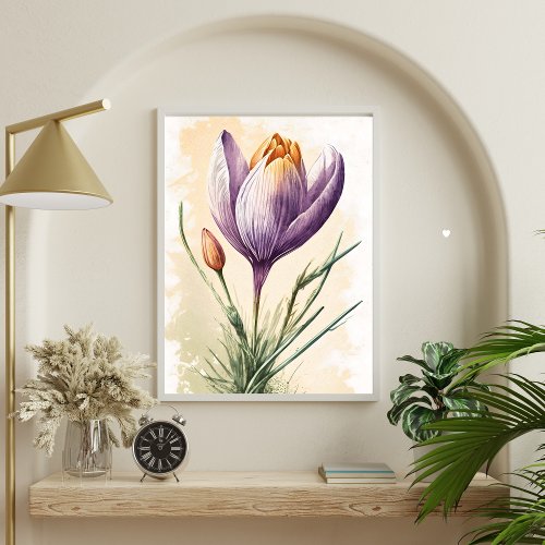 Purple Crocus Flower Floral Watercolor Wall Art 