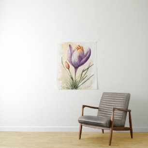 Purple Crocus Flower Floral Watercolor Wall Art Tapestry