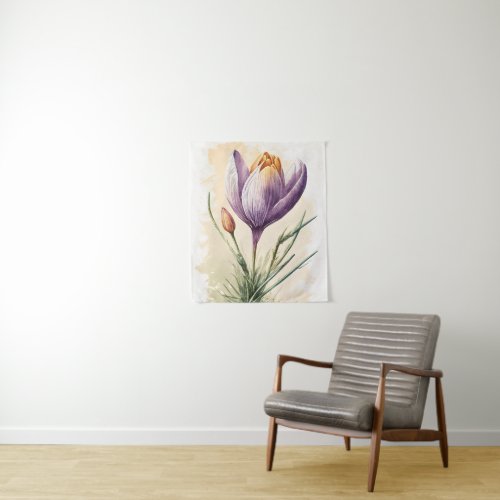 Purple Crocus Flower Floral Watercolor Wall Art  Tapestry