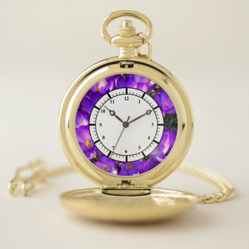 Purple Crocus Flower Pattern Pocket Watch