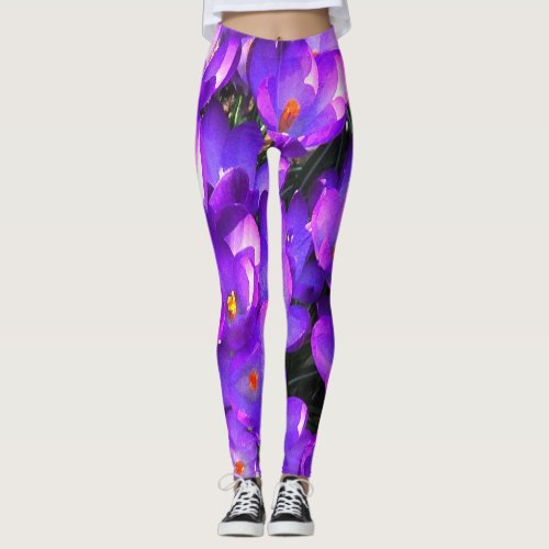 Purple Crocus Flowers Pattern Leggings