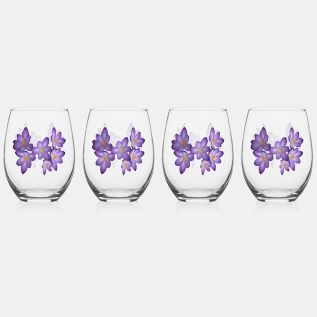 Purple Crocus Flowers Set of Wine Glasses