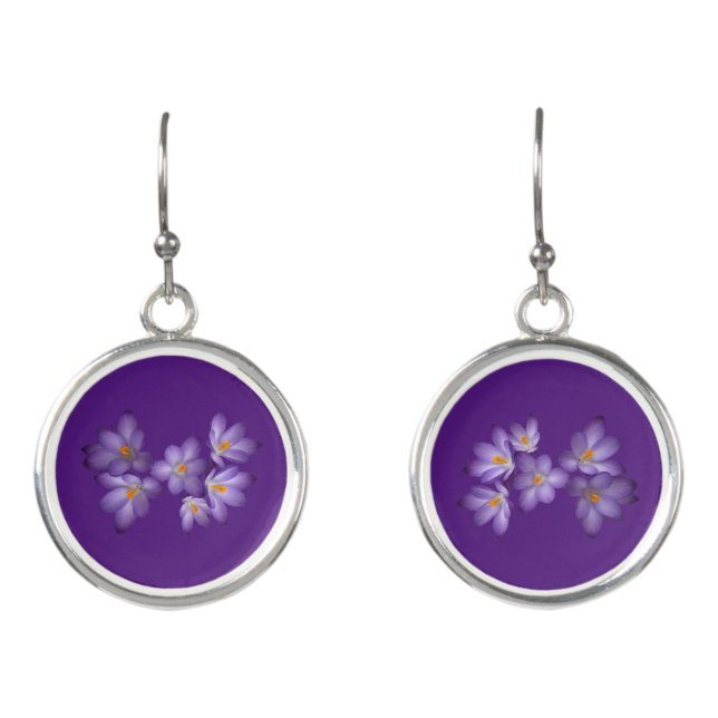 Purple Crocus Garden Flowers Drop Earrings (Front)