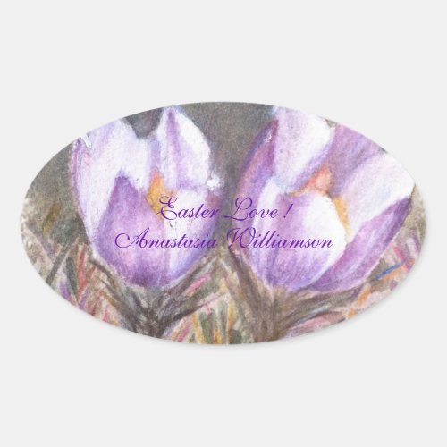 PURPLE CROCUS LOVING EASTER  OVAL STICKER