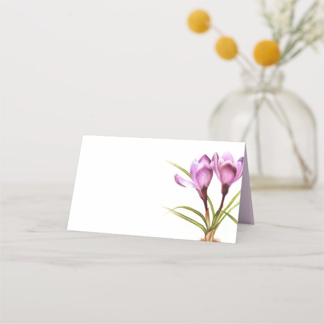Purple crocus watercolor art guest place cards (Back)