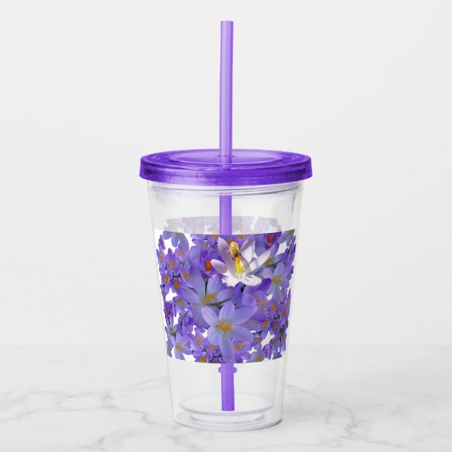 Purple Crocuses with Bee Acrylic Tumbler (Front)