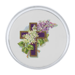 Purple Cross And Flowers Silver Finish Lapel Pin