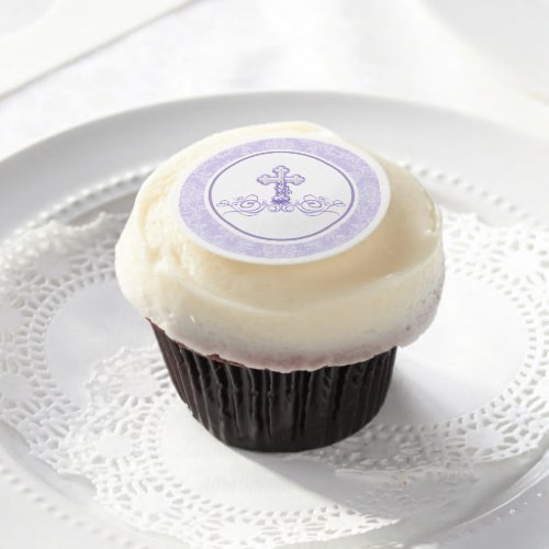 Purple Cross Baptism Cupcake Frosting Rounds