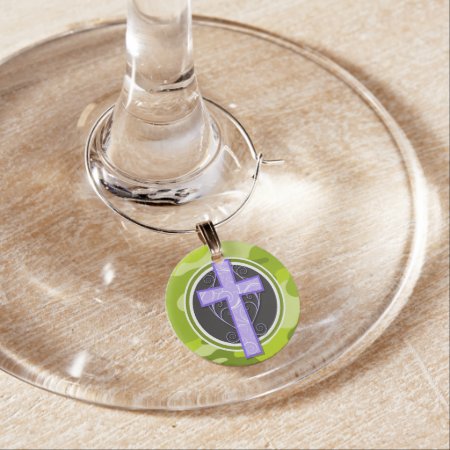 Purple Cross; Bright Green Camo, Camouflage Wine Glass Charm