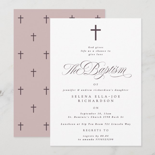 Purple Cross Calligraphy Taupe Baptism Invite (Front/Back)