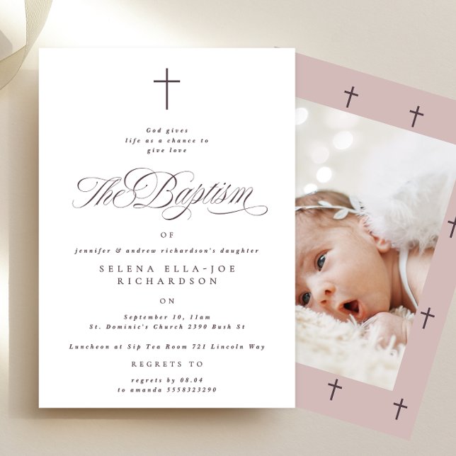 Purple Cross Calligraphy Taupe Photo Baptism Invitation (Creator Uploaded)