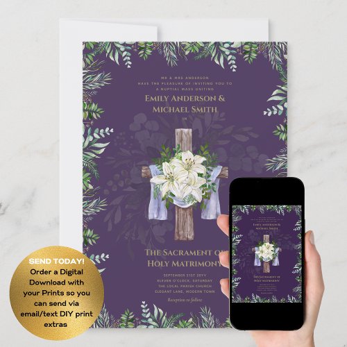 Purple Cross Catholic Nuptial Mass Wedding  Invitation