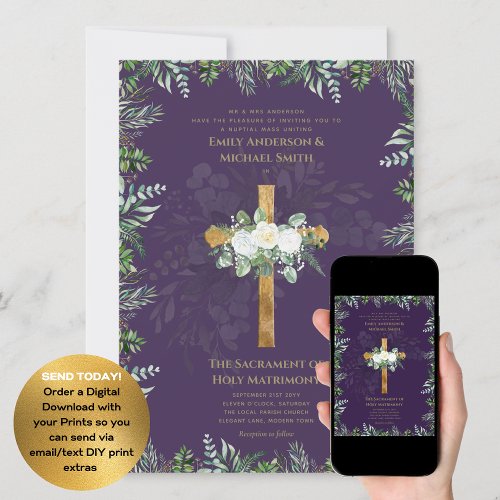 Purple Cross Catholic Nuptial Mass Wedding  Invitation