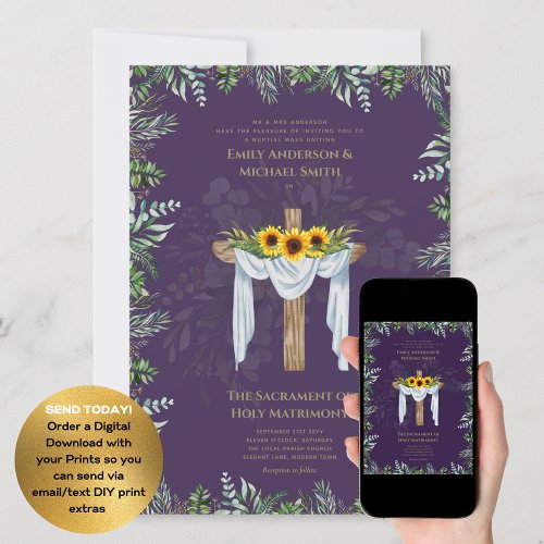 Purple Cross Catholic Nuptial Mass Wedding  Invitation