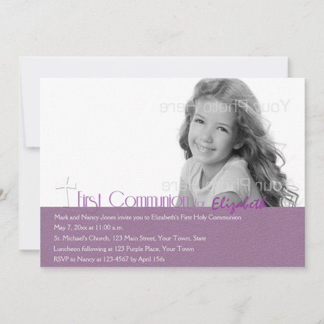 Purple, Cross, First Communion Photo Invitation (Front)