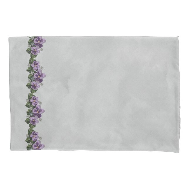 Purple Cross Stitch Violets on Gray Pillow Case (Front-Left)