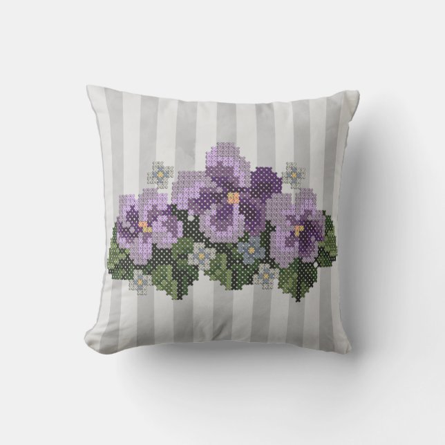 Purple Cross Stitch Violets on Gray Throw Pillow (Front)