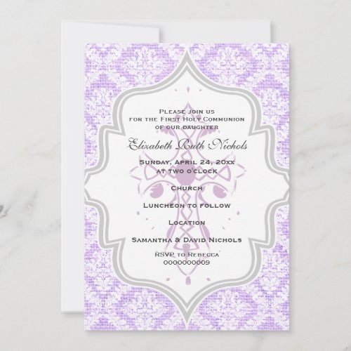 Purple Cross white damask burlap First Communion Invitation